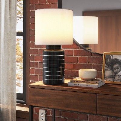 Glossy Table Lamp Navy and White (Includes LED Light Bulb) - Threshold™: Ceramic Base, Linen Shade, UL Listed, Modern Decor