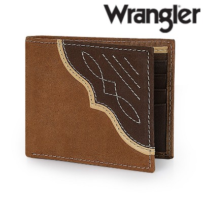 Wrangler Men's Western Trifold Wallet Genuine Leather with Flip-Out ID Window, Gift for Him, Brown