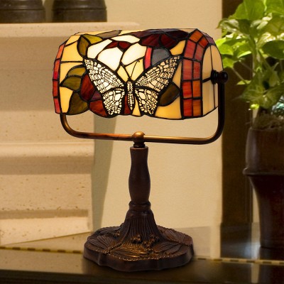 Hasting Home Tiffany Style Bankers Lamp - Stained Glass Butterfly Design Table Lamp