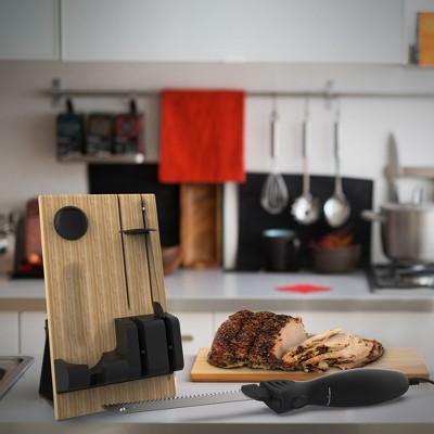 Electric Carving Knife Set - 2 Stainless-Steel Blades, Comfort Grip Handle, and Wood Storage Block for Slicing Bread, Meat and More by Classic Cuisine
