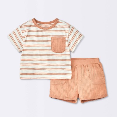 Baby Boys' Rust Striped Pocket T-Shirt & Shorts Set - Cloud Island™ Brown 18M