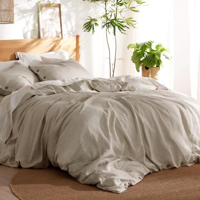 3 Pieces Linen Soft & Cozy Duvet Cover Linen Cotton Blend Bedding Set Tropical Plants Beige Color Cooling Bedding