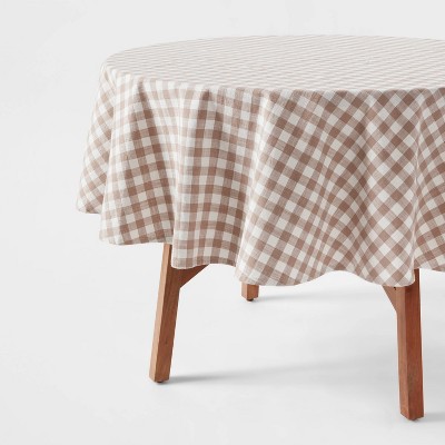 70" Cotton Gingham Round Tablecloth Taupe - Threshold™: Traditional Check Pattern, Machine Washable, OEKO-TEX Certified