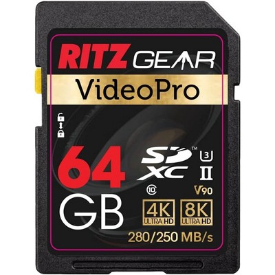 Ritz Gear High-Speed SDXC UHS-II SD Card, C10, U3, V90, Full-HD & 8K, for DSLR Video Cameras