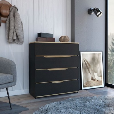 RISOKEYS 4 Drawer Dresser for Bedroom,Modern Wooden Dresser with Handles Design,for Bedroom,Living Room,Hallway,Black and Light Oak