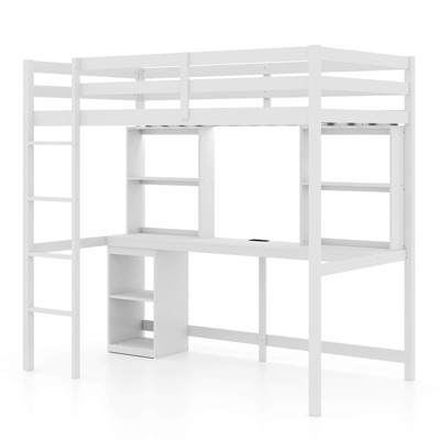 Safstar Twin Loft Bed w/ LED Light & Power Outlet Desk Storage Shelves & Cabinet