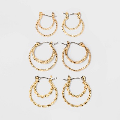 Click Top Faux Duo Hoop Earring Set 3pc - Wild Fable™ Gold: Brass, Nickel-Free Metal Jewelry