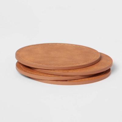 4pk Faux Leather Coasters - Threshold™: Brown Polyethylene Cup & Table Drink Coasters, Traditional Style, 4"x4"