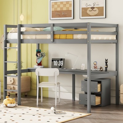 Twin Size Loft Bed with Built-in Desk, Storage Cabinet of 2 Drawers, Ladder, Safety Guardrails and Solid Pine Wood Frame, Gray/White-ModernLuxe