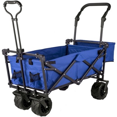RISOKEYS Collapsible Garden Cart with Removable Canopy, Folding Wagon Utility Carts with Wheels and Rear Storage for Camping,Shopping,Blue