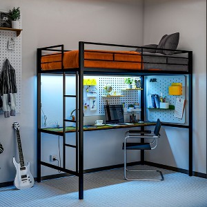 HOMCOM Twin Loft Bed with Desk, LED Lights, Charging Station, Twin Size Metal Loft Bed Frame with Safety Guardrail, Ladder, Noise Free, Black - 1 of 4