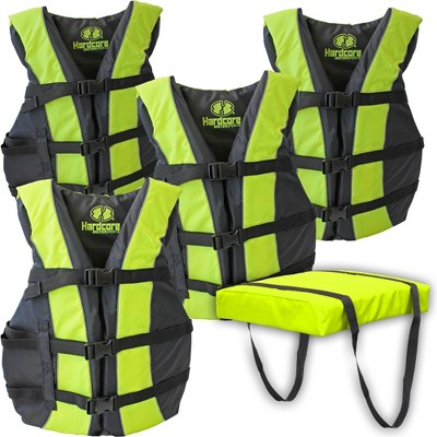 Hardcore life jacket 4 pack paddle vest for adults with Type IV Boat Cushion; Coast Guard approved Type III PFD life vest flotation device