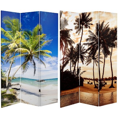 Oriental Furniture 6" Double Sided Sunset Palms Canvas Room Divider Blue: Freestanding, Foldable Partition, No Assembly Required