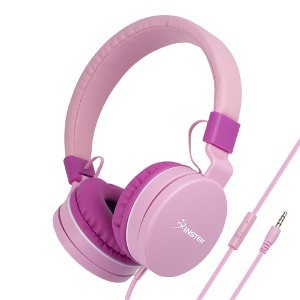 Insten Kids Headphones with Microphone, Wired Headset 3.5mm Adjustable Foldable with Volume Limiter for Toddler & School, Pink - 1 of 4