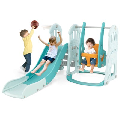 Costway Toddler Slide and Swing Set 4-in-1 Indoor Playground w/ Extra-long Slide