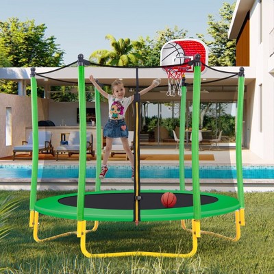 5.5FT Trampoline for Kids - 65" Outdoor & Indoor Mini Toddler Trampoline with Enclosure, Basketball Hoop and Ball Included-ModernLuxe