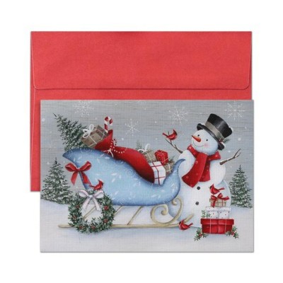 Masterpiece Studios Snowman and Sleigh 16-Count Boxed Christmas Cards with Envelopes, 7.8" x 5.6" Hollyville