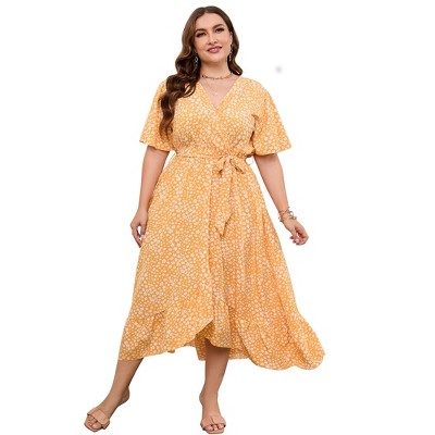 Plus Size dress Women's Plus Size Floral Summer Dress Casual Wrap V Neck A Line Ruffle Belted Dress