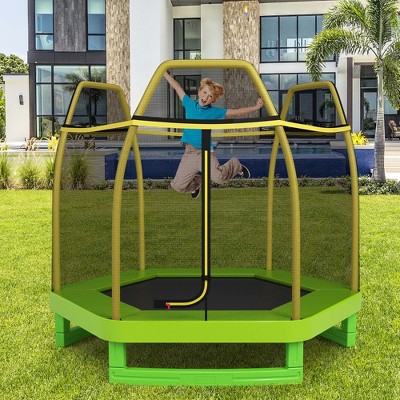 Costway 7 FT Kids Trampoline with Safety Enclosure Net Spring Pad Indoor Outdoor Heavy Duty Yellow/Blue/Green