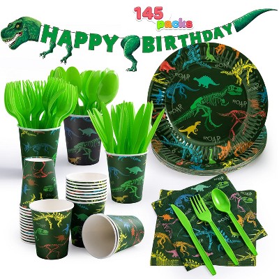 Joyfy 145 Pcs Dinosaur Birthday Party Supplies with Trex Banner, 24 Serves Disposable Tableware Set for Dinosaur Themes Party Kids 2 3 4 5 6 7 8 Years