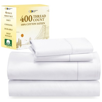 Cotton Sheets Set - Softest 400 Thread Count Bed Sheets, 100% Cotton Sateen, Cooling, Deep Pocket by California Design Den
