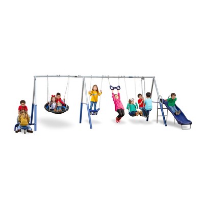 XDP Recreation Fun All Mighty Metal A-Frame Kids Swing Set with 10 Child Capacity Outdoor Backyard Home Playground with Slide and 5 Swing Types,