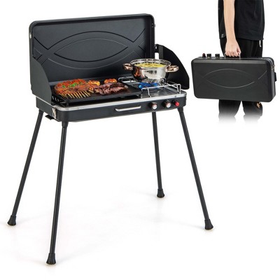Costway 2-in-1 Propane Grill 2 Burner Camping Gas Stove Portable with Removable Leg Black