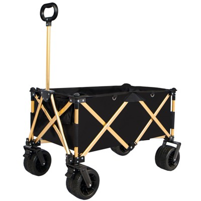 RISOKEYS Aluminum alloy folding wagon,Heavy Duty Utility Beach Wagon Cart for Sand with Big Wheels,Adjustable Handle&Drink Holders,Black