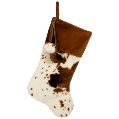Northlight Plush Cowhide Inspired Christmas Stocking with Pom Poms - 20.5" - Brown