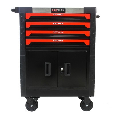 Maggift Double Door Tool Box, Portable Rolling Tool Box with 4 Small Drawers and One Large Shelf, Wheels, Metal Lock, Black, 30.7"*18.1"*38.4"