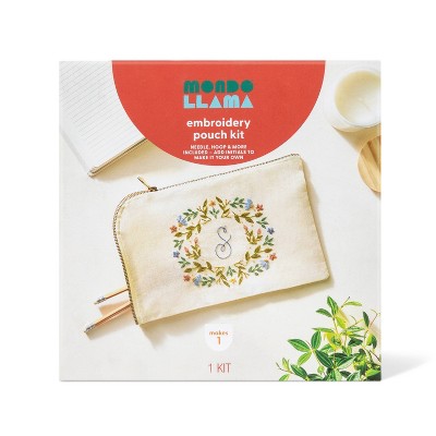 Embroidery Pouch Kit - Mondo Llama™: Craft Activity Kit with Floss & Needle, Art & Design Theme, Adult Knitting Set