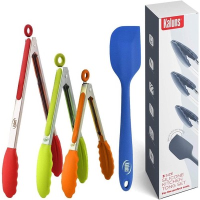 Kaluns Kitchen Tongs Set, Set of Four 7,9, and 12 Inch Tong Plus Silicone Spatula, Non-stick, Heat Resistant Serving Utensils