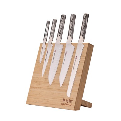 Global Bitoku Ukon Essentials 5 Piece Knife Set with Magnetic Block, Hardwood