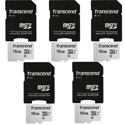 Transcend 16GB MicroSD 300s 95MB/s Class 10 Micro SDHC Memory Card with SD Adapter - 5 Units