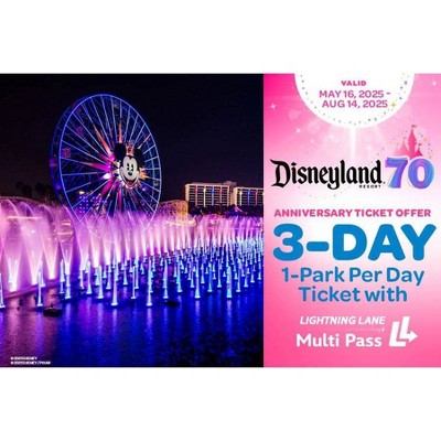 Disneyland 3-Day 1-Park Per Day Anniversary Ticket Offer with Lightning Lane Multi Pass Age 3+ $456