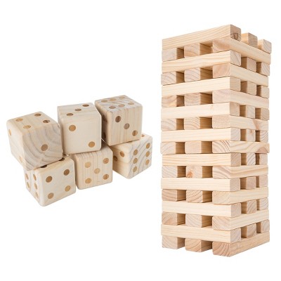 Toy Time Set of Two Outdoor Games - Giant Wooden Blocks Outdoor Stacking Game and 6 Large Wooden Yard Dice