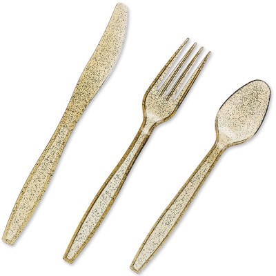 Juvale 96 Pack Gold Glitter Plastic Silverware for Wedding Party Supplies, Cutlery Includes Forks, Spoons, Knives, Serves 32