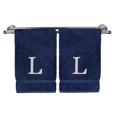 BC BARE COTTON Monogrammed Hand Towel, 100% Turkish Cotton - Set of 2 - Navy - White Block - L