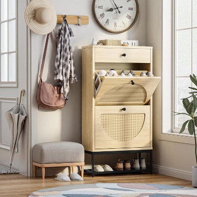 Hooseng Freestanding Faux Wooden Shoe Rack, Entryway Organizer with 2 Natural Rattan Flip Cabinet Drawers for Hallway, Living Room, Bedroom