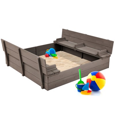 Best Choice Products 47x47-Inch Kids Wooden Outdoor Sandbox w/ 2 Foldable Bench Seats, Sand Protection, Liner