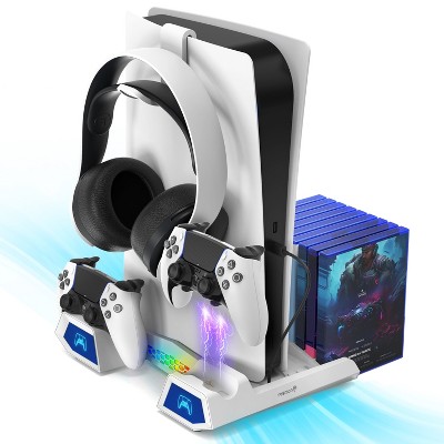 Fosmon For PS5 Cooling Station with PS5 Controller Charger Station For PS5 Pro Slim, PS5 Stand, PS5 Dock with Fan with RGB Headset Hook 15 Disc Holder