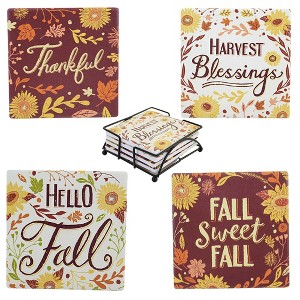 1.75 In Hello Fall Coaster Set Sunflowers Harvest Thanksgiving Coasters - 1 of 4