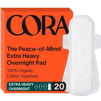 Cora Extra Heavy Overnight Pads with Wings Organic Cotton Topsheet - Ultra Thin - 20ct