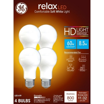 GE 4pk 60W Relax A19 LED HD Light Bulbs Soft White: Dimmable, Energy Star, 800 Lumens, 13.7-Year Life, E26 Base