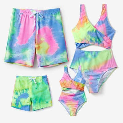 PATPAT Family Matching Swimwear Set Mommy and Me Cutout Tie-dye One-Piece Swimsuits Swim Trunks Shorts